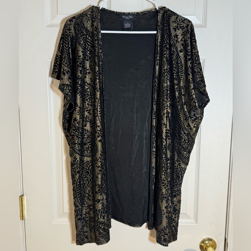 Marcus Adler‎ Black & Gold Velvet Burnout Kimono – Boho Open Front Duster